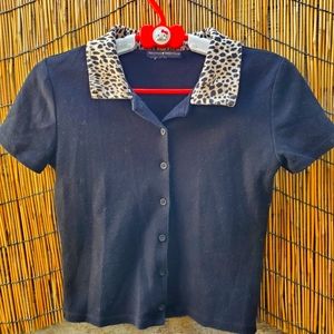 Brandy Melville Black Cheetah Print Collar Caroline Top